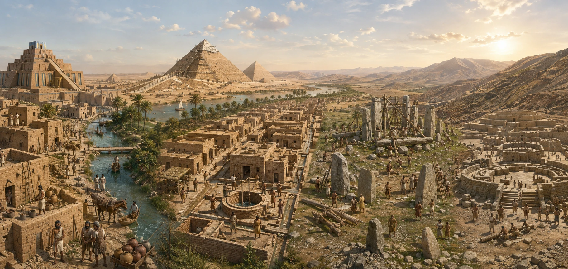 Representación comparativa de sociedades contemporáneas de Mesopotamia en Egipto, el valle del Indo, Europa y América.
