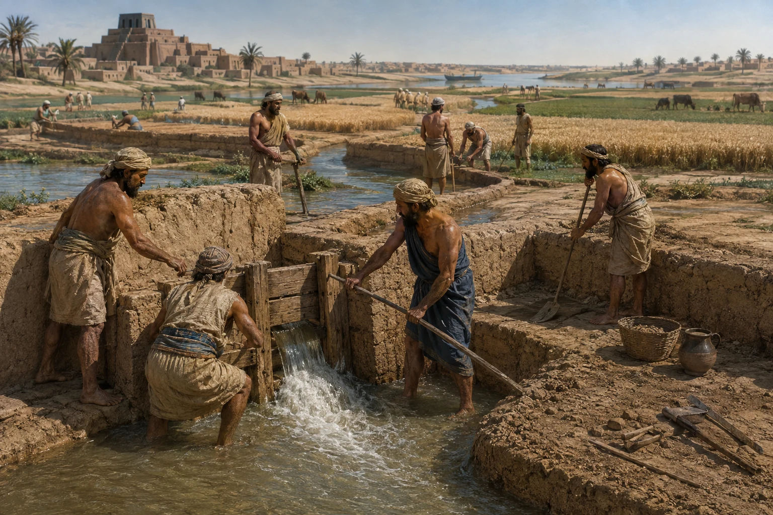 Canales y agricultura de regadío en Mesopotamia.
