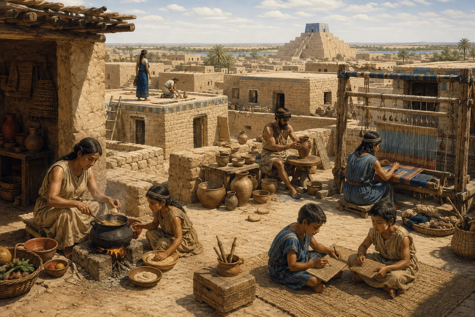 Vida cotidiana en un barrio mesopotámico.