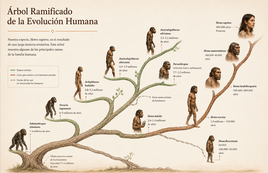 Árbol ramificado de la evolución humana.