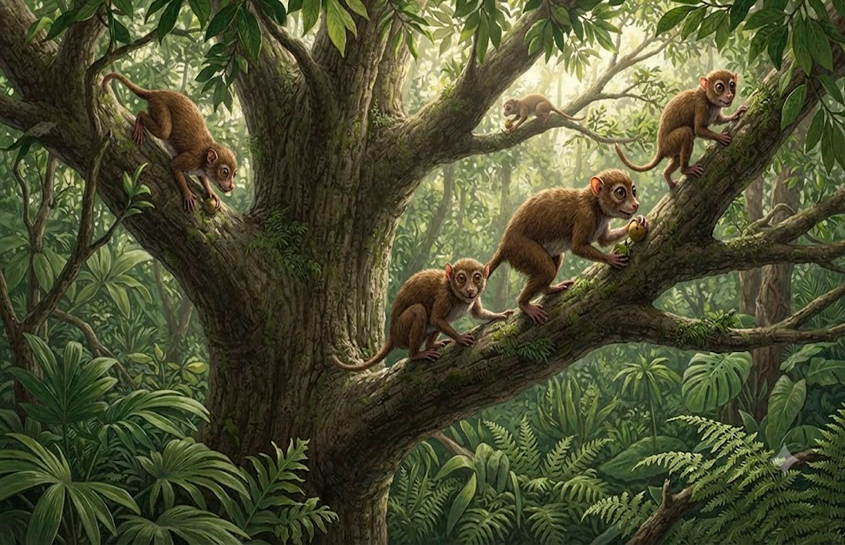 Reconstrucción de algunos de los primeros primates arborícolas.